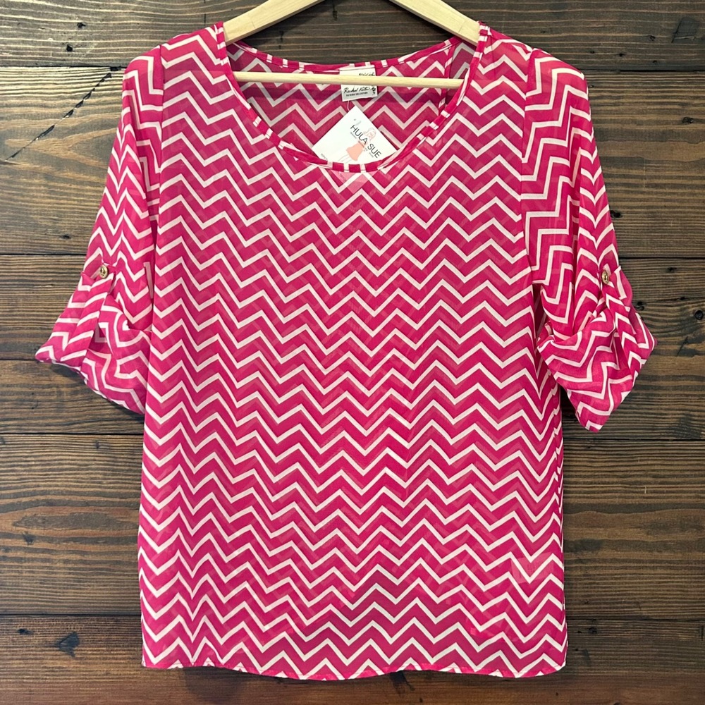 Rachel Kate Sheer Blouse Womens L Pink White Split Back Roll Tab Sleeve Preppy